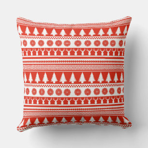 Red White Nordic Christmas Pattern Throw Pillow