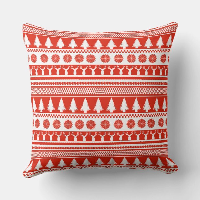 Red White Nordic Christmas Pattern Throw Pillow (Back)