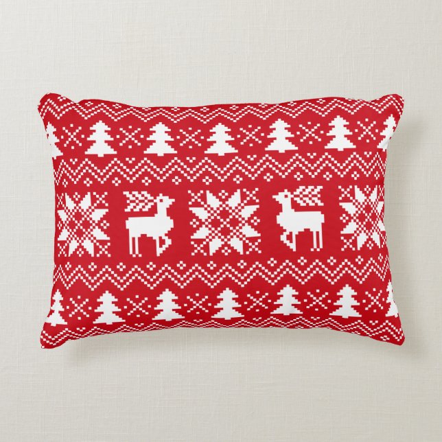 Red White Nordic Christmas Winter Pattern Accent Pillow (Front)
