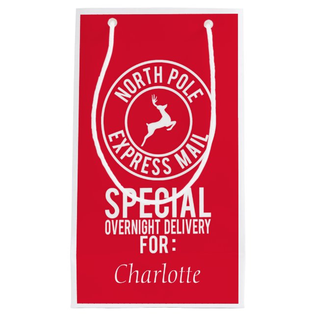 Red & White North Pole Express Mail Name Small Gift Bag (Front)