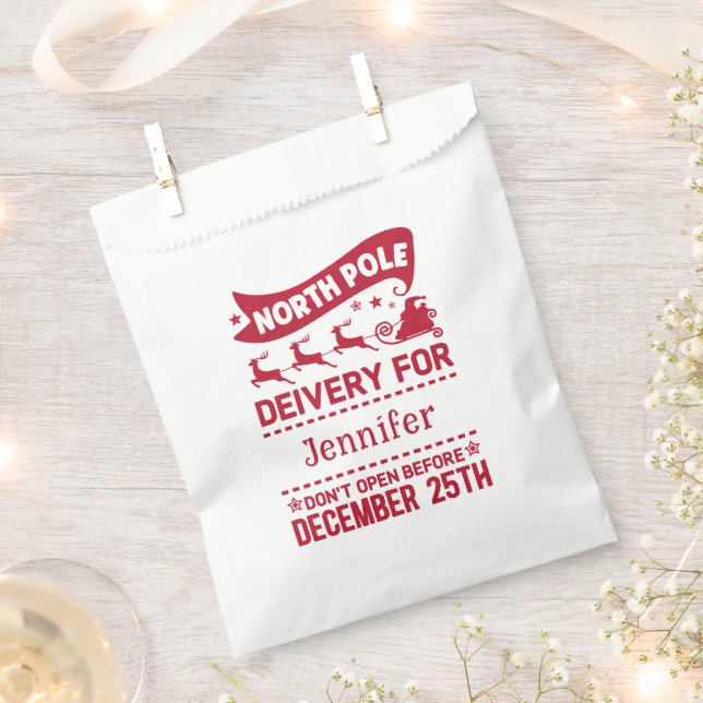 RED & White North Pole SANTA Delivery Name  Favour Bag (Clipped)