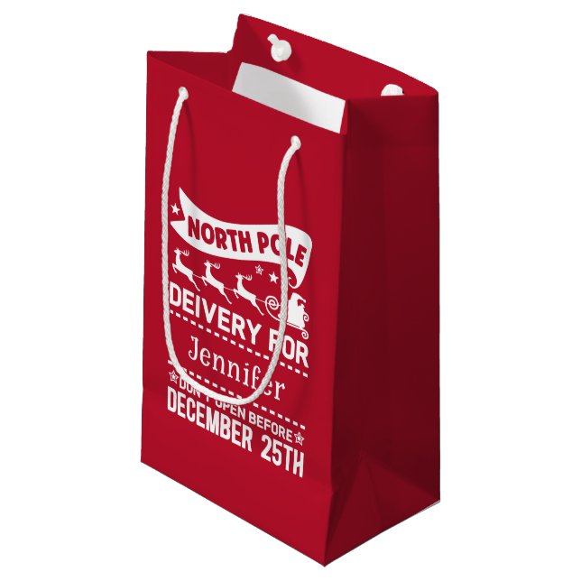 Red & White North Pole SANTA Delivery Name Small Gift Bag (Front Angled)