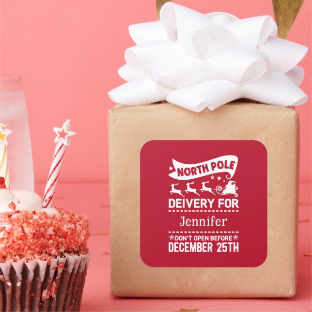 Red & White North Pole SANTA Delivery Name  Square Sticker (Party)