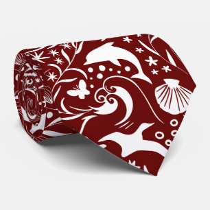 Red White Ocean Pattern   Dolphin Waves Shell Crab Tie