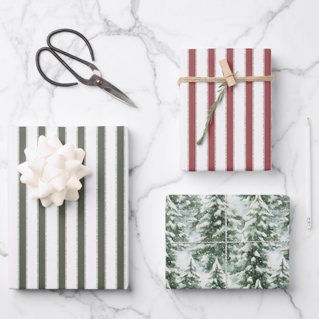 Red White Olive Green Stripes Christmas Trees Wrapping Paper Sheet (Front)