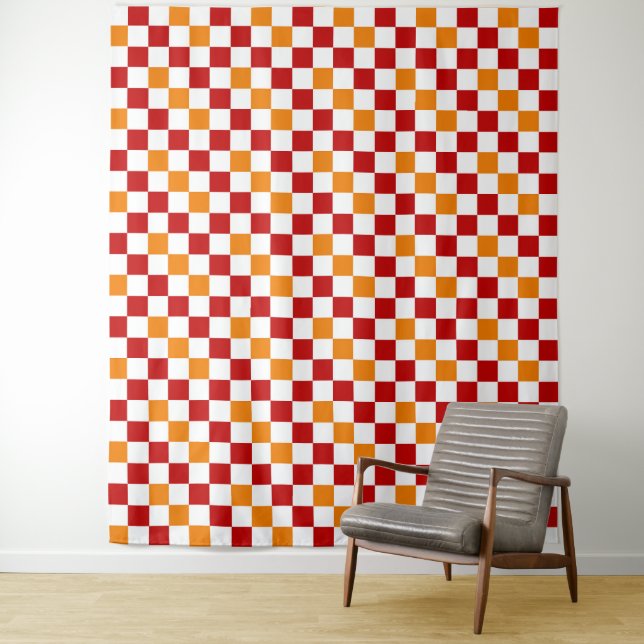 Red White Orange Chequered Pattern Design  Tapestry (In Situ)