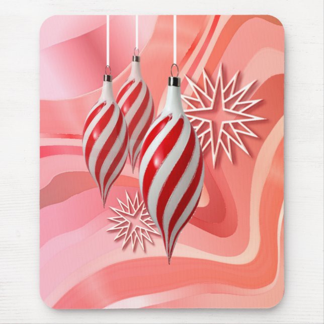 RED & WHITE ORNAMENTS & RIBBONS by SHARON SHARPE Mouse Pad (Front)