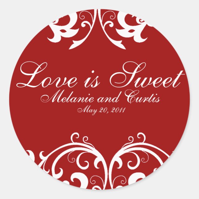 Red White Ornate Love Is Sweet Classic Round Sticker (Front)