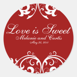 Red White Ornate Love Is Sweet Classic Round Sticker