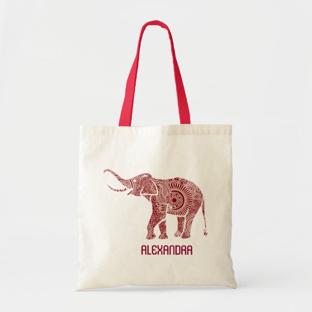 Red & White Ornate Swirls Elephant Monogram Tote Bag (Front)