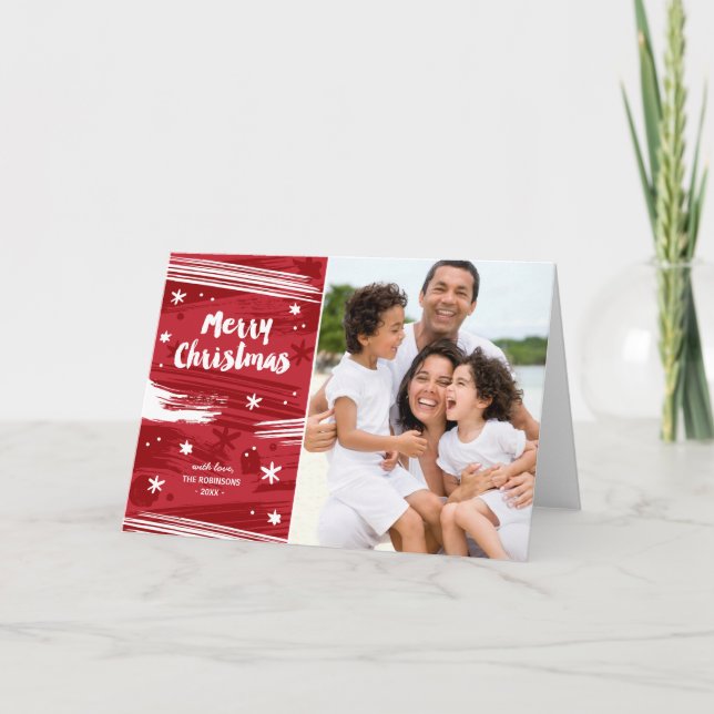 Red & White Painted Merry Christmas Lettered Photo Holiday Card (Front)