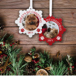 Red White Paw Prints Puppy's 1st Christmas Ornament Card<br><div class="desc">Snowflake shaped photo ornament with a round photo of your puppy with curved text and cute paw prints in red and white.</div>