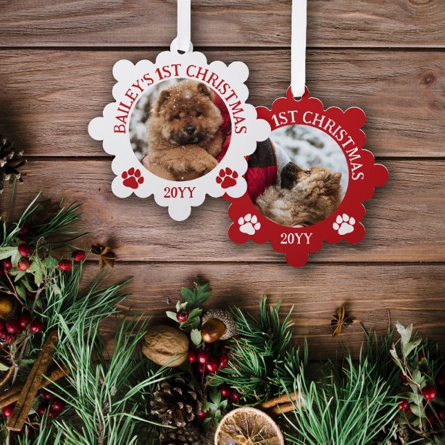 Red White Paw Prints Puppy's 1st Christmas Ornament Card (Creator Uploaded)