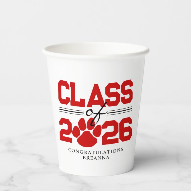 Red & White Pawprint Class of Graduation Paper Cups (Back)