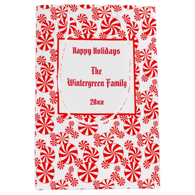 Red White Peppermint Candy Pattern Editable Medium Gift Bag (Front)