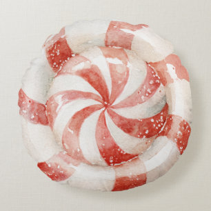 Red White Peppermint Christmas Candy Round Pillow