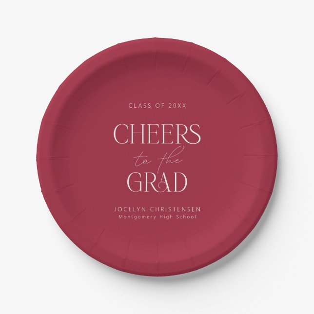 Red White Personalized Cheers Grad Party Paper Plate (Front)