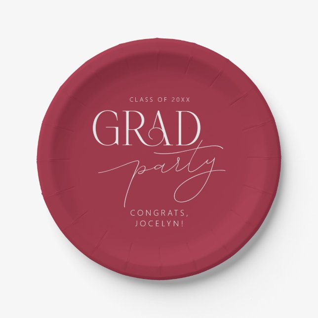 Red White Personalized Minimalist Grad Party Paper Plate (Front)