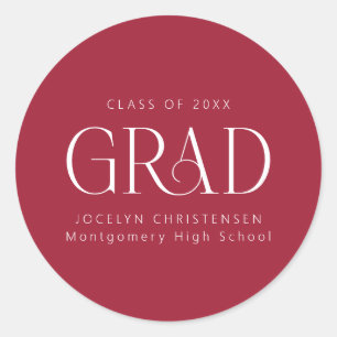 Red White Personalized Modern Graduation Classic Round Sticker