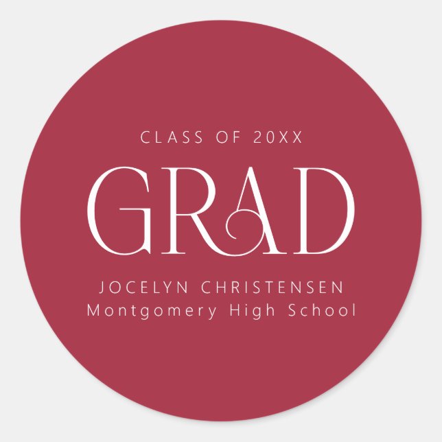Red White Personalized Modern Graduation Classic Round Sticker (Front)
