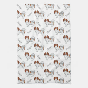 Red White Phalène Dog Pattern With Dog's Name Kitchen Towel