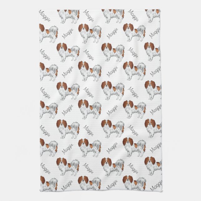 Red White Phalène Dog Pattern With Dog's Name Kitchen Towel (Vertical)
