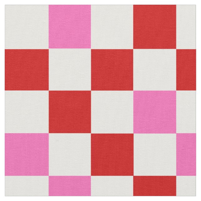 Red White Pink Chequered Pattern Design  Fabric (Close Up)