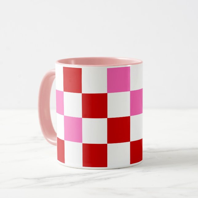 Red White Pink Chequered Pattern Design  Mug (Front Left)
