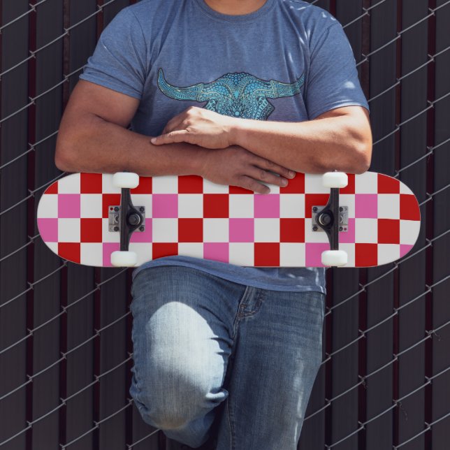 Red White Pink Chequered Pattern Design  Skateboard (Outdoor 3)