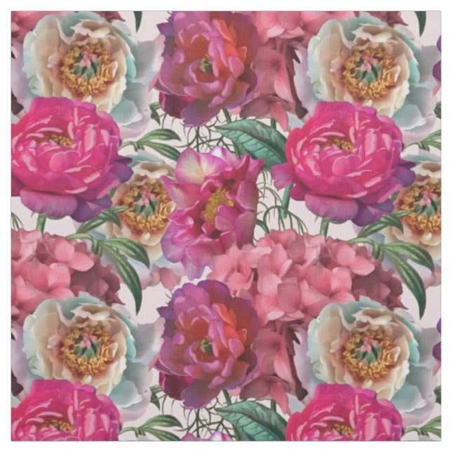 Red White Pink Peonies & Hydrangea Flowers Fabric (Swatch)