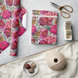 Red White Pink Peonies & Hydrangea Flowers Wrapping Paper