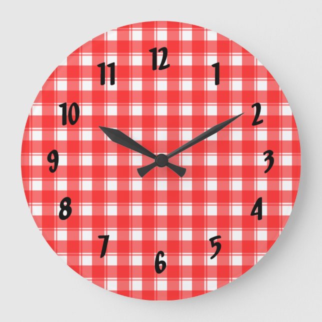 Red White Plaid Black Numbers Clock (Front)