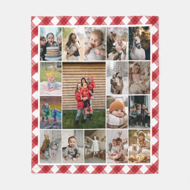 Red White Plaid Border 17 Family Photo Collage Fleece Blanket (Front)