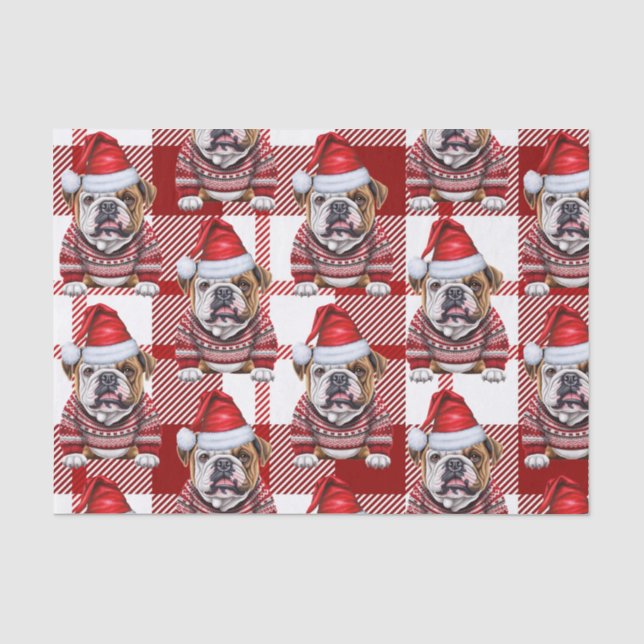 Red White Plaid Bulldog Christmas Holiday Tissue Paper (Front)