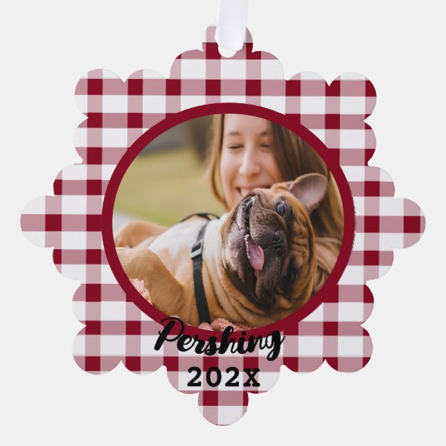 Red White Plaid Dog Pet Memorial Custom Photo Ornament Card (Front)