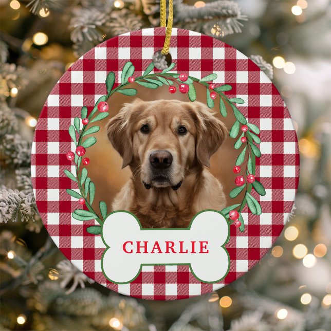 Red & White Plaid Dog Photo Christmas Wreath Ceramic Ornament (Creator Uploaded)