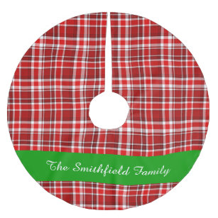 Red White Plaid Family Name Custom 2 Brushed Polyester Tree Skirt