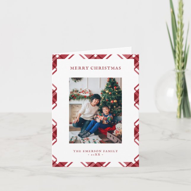 Red White Plaid Folded Holiday Card (Front)
