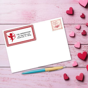 Red & White Plaid Gingham Valentine Cupid & Bow Label