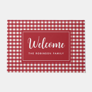 Red White Plaid Personalized Monogram Welcome Doormat