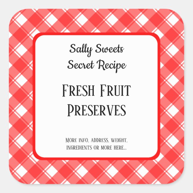 Red White Plaid Retro Custom Canning or Recipe Square Sticker (Front)