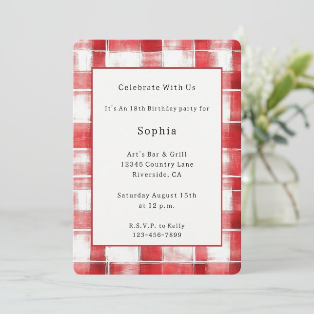 Red White Plaid Stripes Birthday   Invitation (Standing Front)