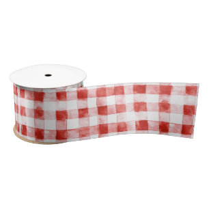 Red White Plaid Stripes Birthday Satin Ribbon