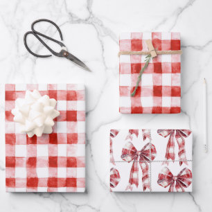 Red White Plaid Stripes Bows Birthday Wrapping Paper Sheet