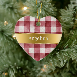 Red White Plaid Stripes Gold Ribbon Christmas Ceramic Ornament
