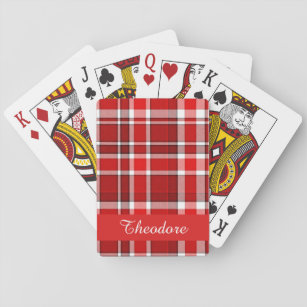 Red White Plaid Tartan   Add Your Name Playing Cards