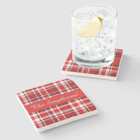 Red White Plaid Tartan | Add Your Name Stone Coaster