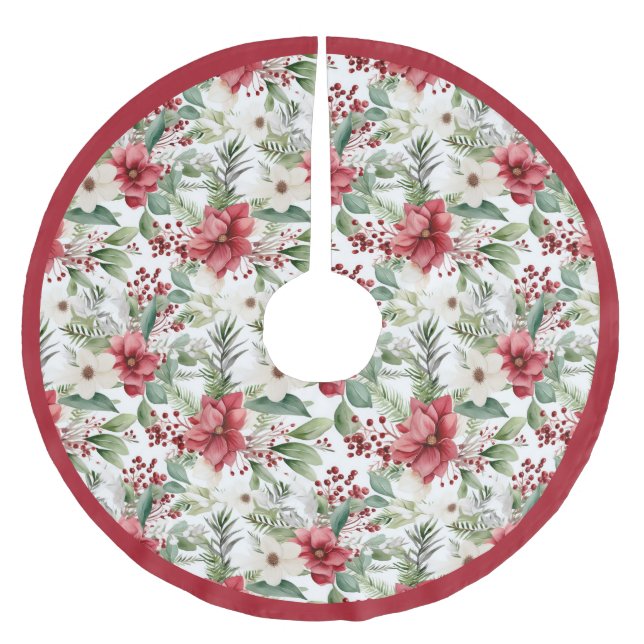 Red White Poinsettia Pattern Christmas Brushed Polyester Tree Skirt (Front)