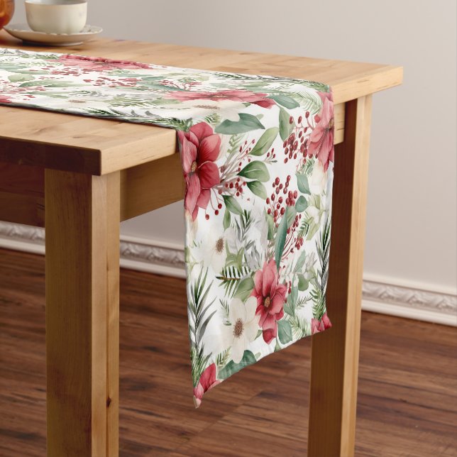 Red White Poinsettia Red Berry Christmas Pattern Short Table Runner (In Situ)