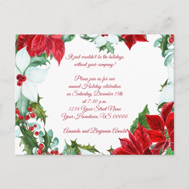 Red White Poinsettias Holly Berries Holiday Party Postcard (Front)